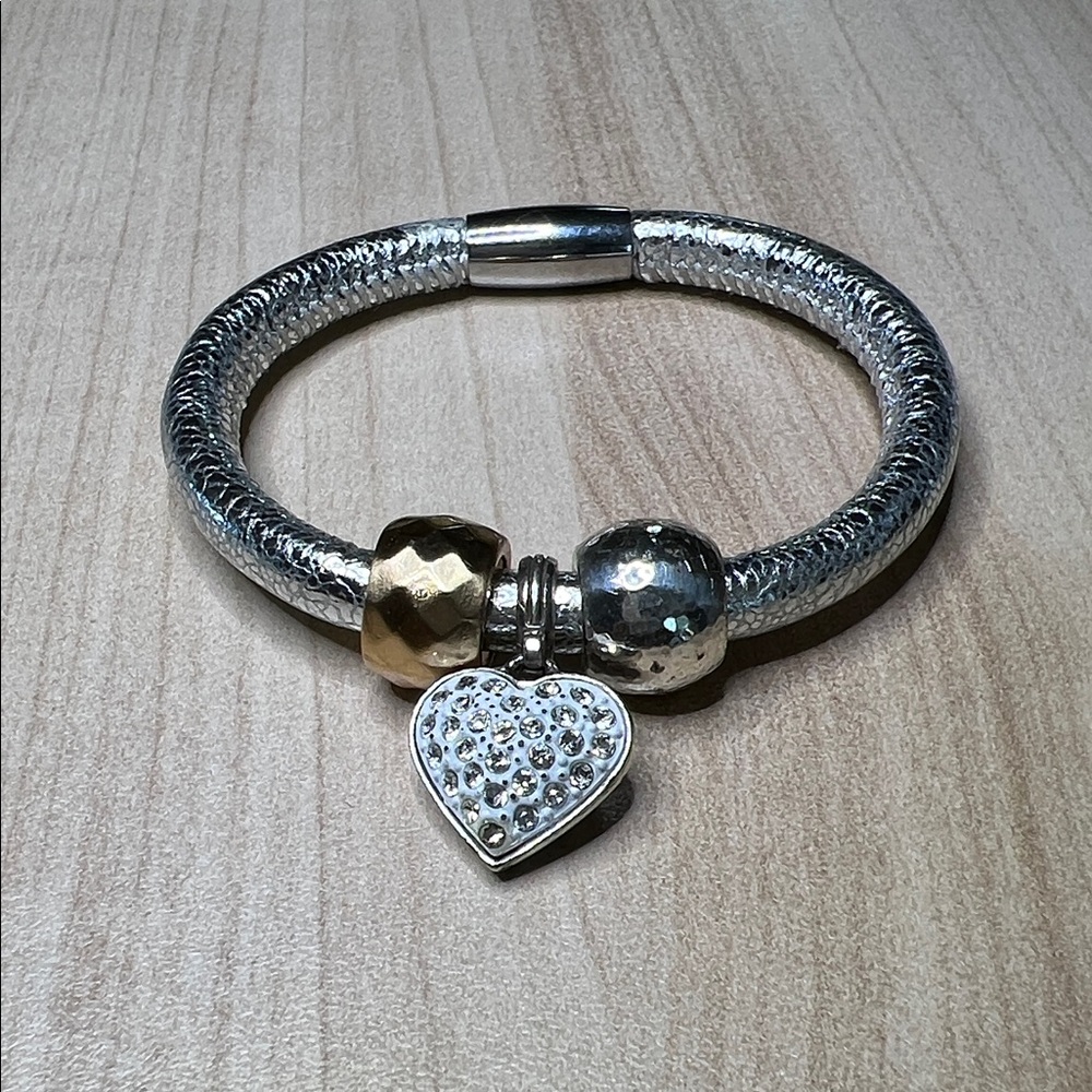 Elegant Silver and Gold Heart Charm Woodstock Bracelet